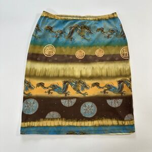 CIO Dragon Print Mini Skirt Blue Gold Brown Stretch Made in USA Size L